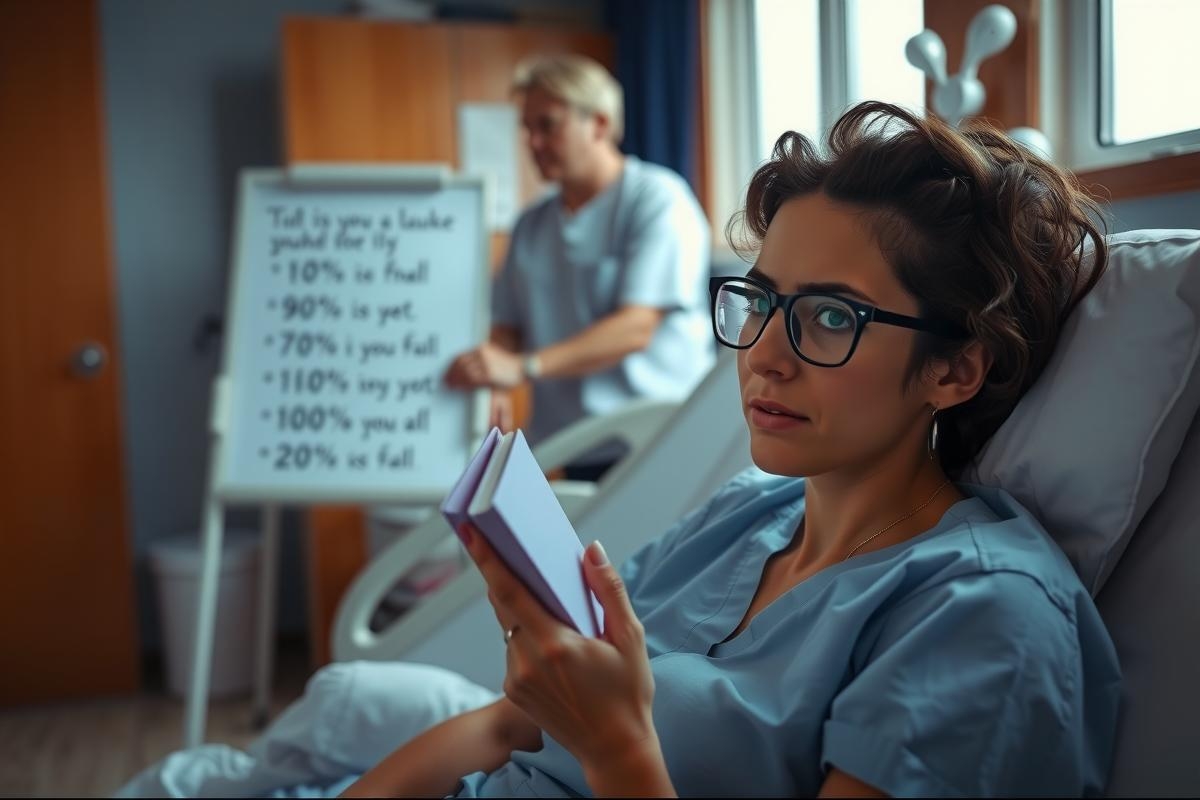 The image shows a woman in a hospital bed, likely recovering from an operation. She is focused on reading a book while another person stands by her side, possibly a medical professional observing her condition or discussing her post-op care instructions. The setting suggests a clinical environment with clean surfaces and a chart visible nearby, reinforcing the context of healthcare.