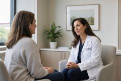 Oncology specialist consulting attentively with a patient in a calm clinic office.