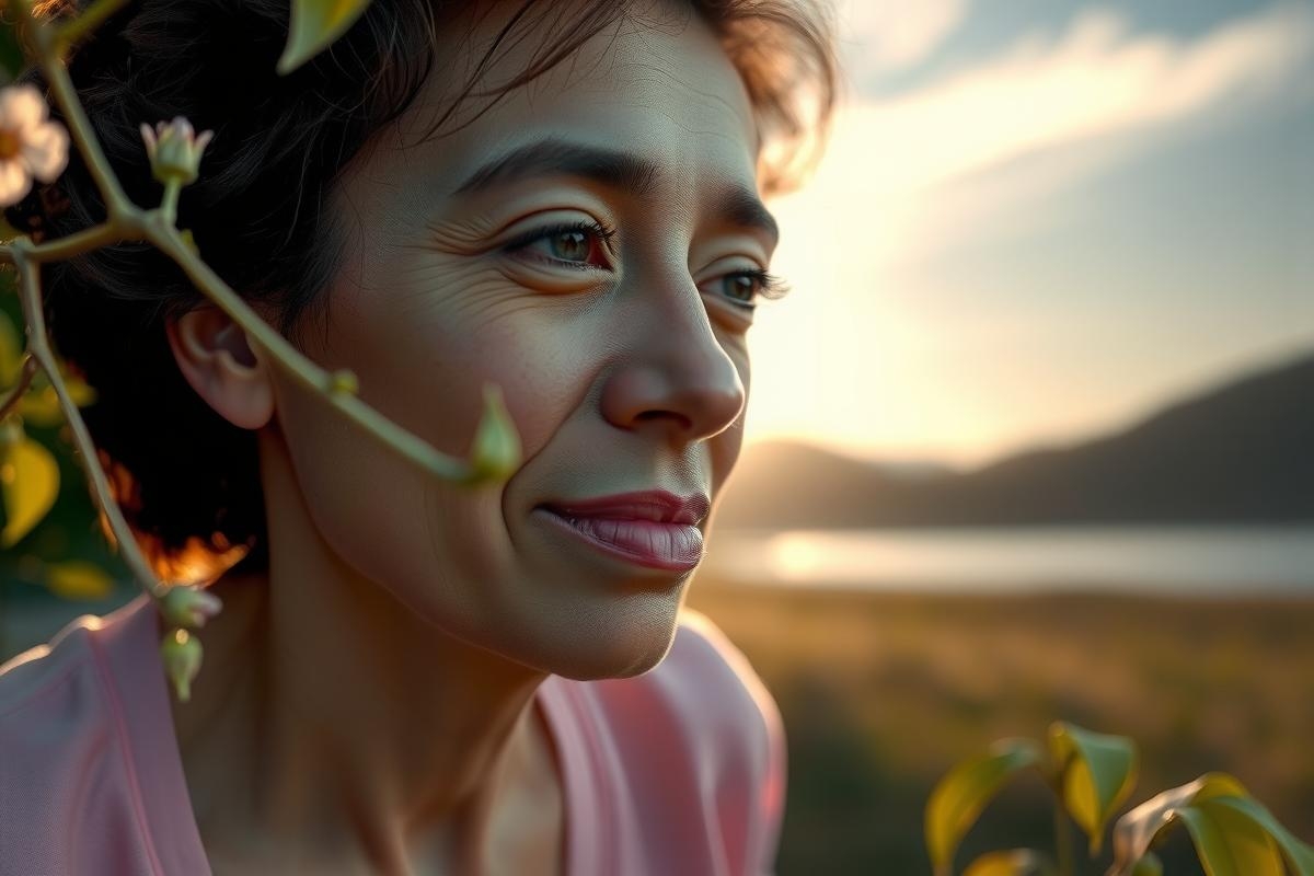 A woman with a warm smile, gazing into the distance towards some trees during sunset. The setting appears serene and idyllic, possibly a rural or natural landscape. Her clothing is casual, suggesting a relaxed environment.