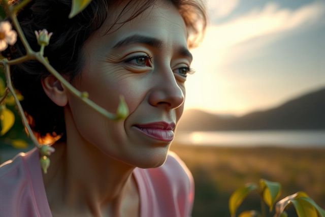 A woman with a warm smile, gazing into the distance towards some trees during sunset. The setting appears serene and idyllic, possibly a rural or natural landscape. Her clothing is casual, suggesting a relaxed environment.