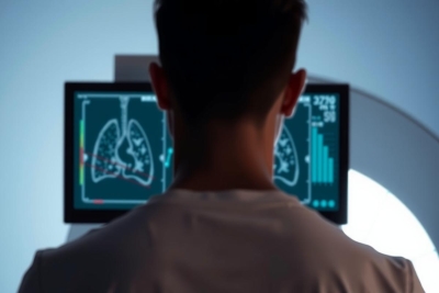 The image depicts a man seated in front of multiple computer monitors displaying medical imaging, specifically a chest X-ray. The screens show detailed cross-sections of the lungs and heart, with various shades indicating density and potential pathologies. The setting appears to be a modern medical or diagnostic facility, highlighted by the professional and sterile environment.