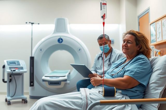 The image shows a medical setting with two healthcare professionals. One individual, presumably a patient, is lying down on a hospital bed equipped with medical devices including an IV and what appears to be monitoring equipment such as a blood pressure cuff. 