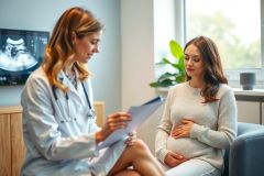 Doctor examining a pregnant woman. Healthcare professional reviewing a report during a prenatal checkup. Clinic setting with natural light. Focus on maternal health and pregnancy care.