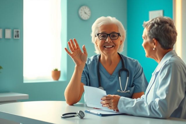 Doctor consults with patient in a bright, modern office. The healthcare professional, wearing scrubs and a stethoscope, is gesturing while speaking. A warm, friendly atmosphere is evident.