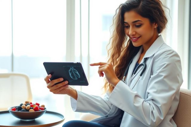 A female doctor in a white coat examines a tablet while seated, with a bowl of berries nearby. The scene conveys a modern healthcare setting.