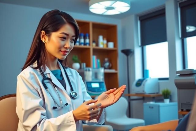 A female doctor in a white coat examines a patient's hands in a clinic setting. The image showcases a healthcare professional's consultation, highlighting medical examination and patient care in a bright, modern environment.