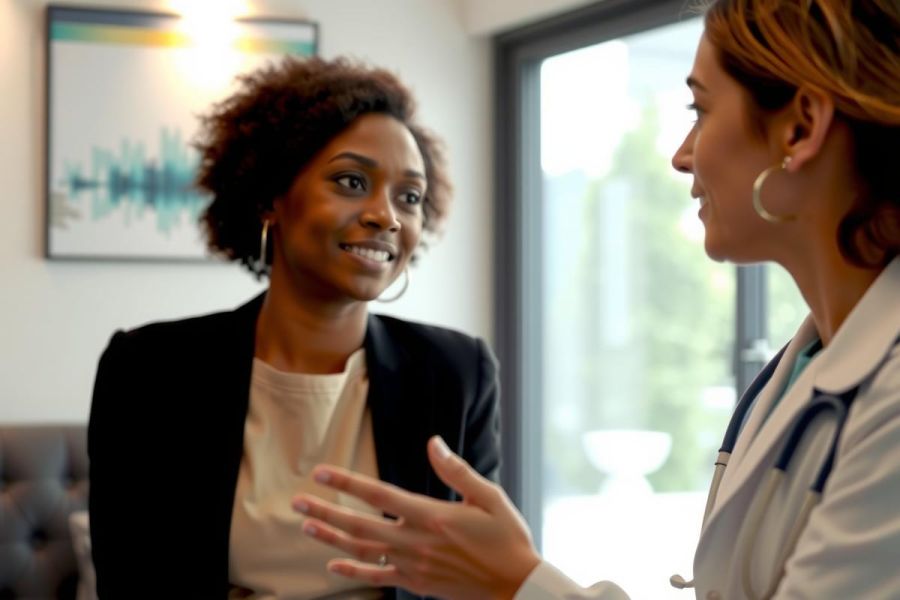 Doctor consults with a patient in a modern office setting. Focus on healthcare, medical consultation, and professional discussion. Neutral colors and a clean environment enhance the scene.