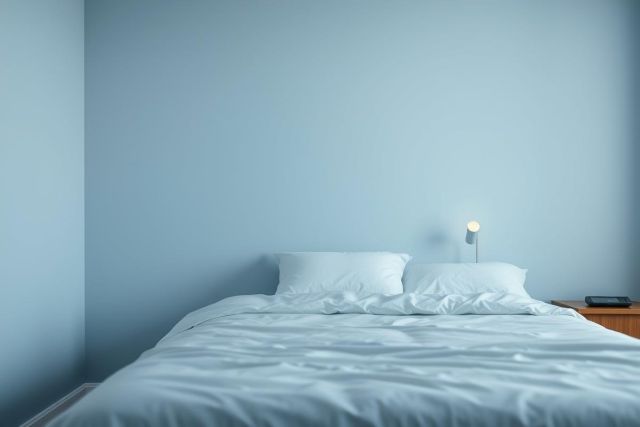 Minimalist bedroom interior featuring a neatly made white bed against a light blue wall. Modern decor, simple style, and calming colors create a peaceful, serene atmosphere. Ideal for home decor, bedroom design, or relaxation themes.