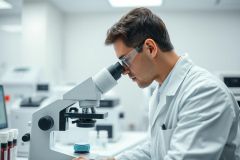 Scientist using a microscope in a modern laboratory. The man in a white lab coat is focused on research, surrounded by equipment. Clean, bright environment with a focus on scientific analysis and discovery.