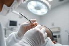 Close-up of a medical procedure, likely hair transplant or scalp treatment. A doctor in gloves uses forceps on a patient's head in a sterile, bright white operating room setting. Focus on precision and medical care.