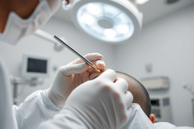 Close-up of a medical procedure, likely hair transplant or scalp treatment. A doctor in gloves uses forceps on a patient's head in a sterile, bright white operating room setting. Focus on precision and medical care.