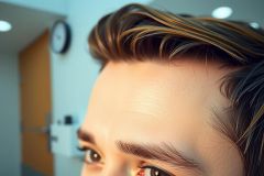 Close-up of a person's face, showcasing hair and eye detail. The environment appears to be an interior space with neutral and warm tones. Focus on portrait and facial features.