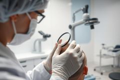 Close-up of a medical professional in a white coat and mask examining a patient's scalp with a magnifying glass in a modern clinic. Focus on hair loss assessment and dermatology procedures. Clean, bright lighting and a clinical environment.