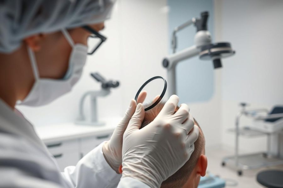 Close-up of a medical professional in a white coat and mask examining a patient's scalp with a magnifying glass in a modern clinic. Focus on hair loss assessment and dermatology procedures. Clean, bright lighting and a clinical environment.