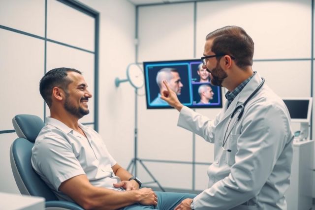 Doctor examining a patient during a consultation in a medical office. The doctor points to an image on a screen, suggesting a diagnosis or treatment plan. Professional healthcare setting.