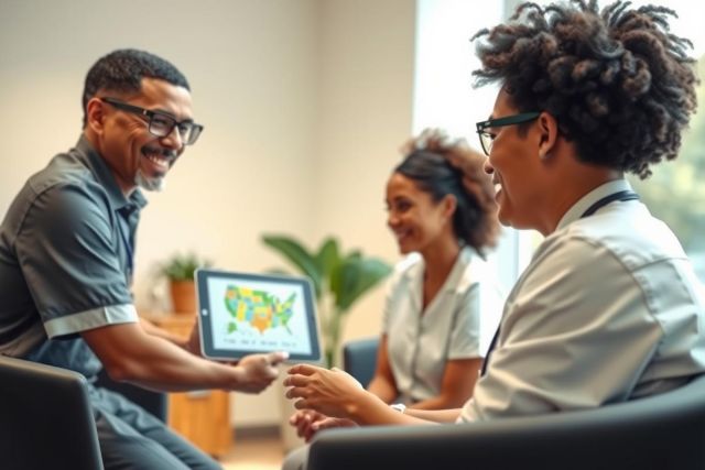 Three professionals appear to be looking at a map on a tablet and discussing data or strategy. The setting is bright and airy, with a modern office setting. The man is wearing a blue shirt, while the women are wearing a white one.