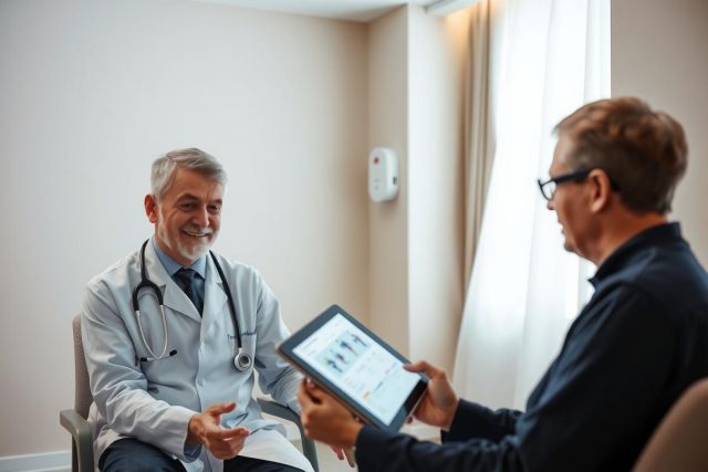 Doctor examining a patient with a tablet, in a medical office setting. Focus on healthcare consultation and technology in medicine. Warm, professional environment.