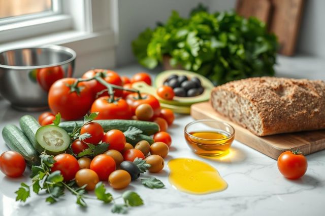 Fresh Mediterranean ingredients on a marble surface. Includes ripe tomatoes, cucumbers, olives, avocado, parsley, and rustic bread with olive oil. A vibrant, healthy food still life, ideal for cooking or salad inspiration. Bright, natural light highlights the colorful produce.