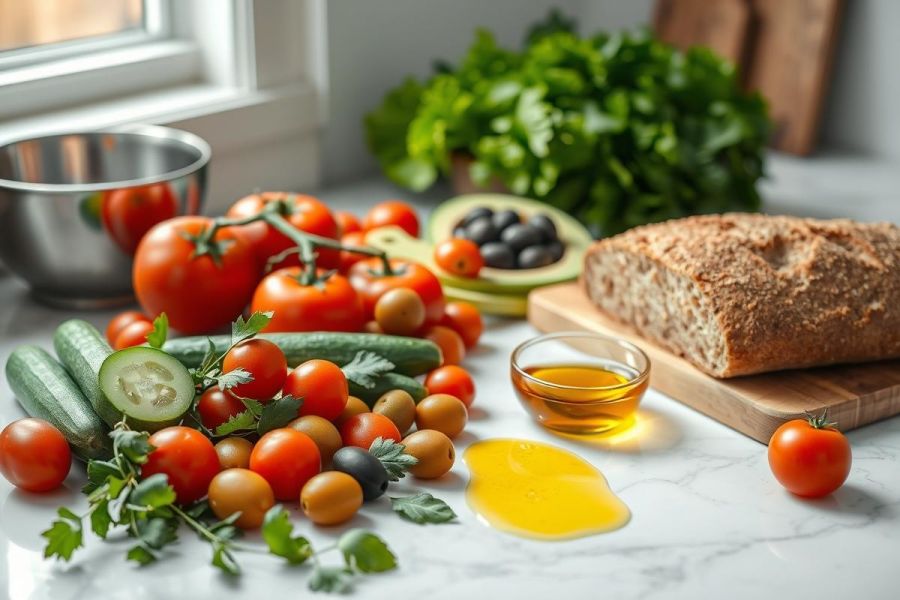 Fresh Mediterranean ingredients on a marble surface. Includes ripe tomatoes, cucumbers, olives, avocado, parsley, and rustic bread with olive oil. A vibrant, healthy food still life, ideal for cooking or salad inspiration. Bright, natural light highlights the colorful produce.