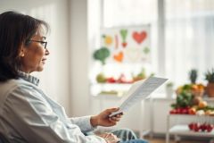 Mature woman wearing glasses reading a document in a bright, sunny room. The background features colorful fruit and vegetable drawings, suggesting a healthy lifestyle or educational context. Natural light and warm tones create a peaceful atmosphere.