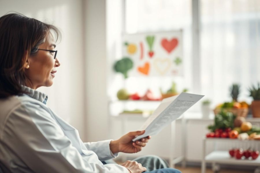 Mature woman wearing glasses reading a document in a bright, sunny room. The background features colorful fruit and vegetable drawings, suggesting a healthy lifestyle or educational context. Natural light and warm tones create a peaceful atmosphere.