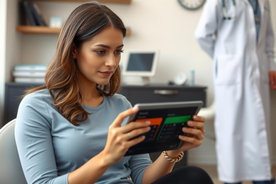 The image shows a woman in a doctor's office, sitting down and looking at her tablet. She appears to be reviewing her medical records or perhaps receiving instructions from her healthcare provider. The environment includes a professional office setting with standard medical equipment such as a stethoscope, suggesting the context is related to healthcare or patient care.