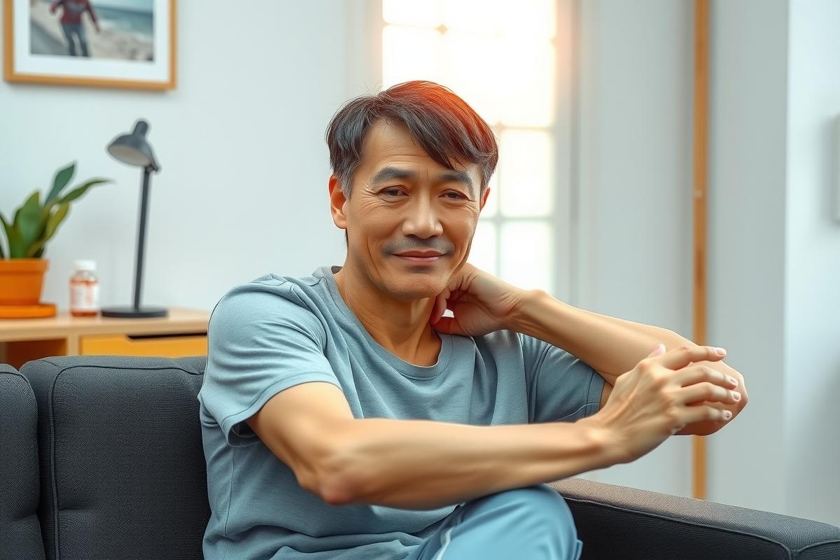 The image features a man seated comfortably on a sofa, smiling at the camera. He has short dark hair and is wearing casual attire. The room around him appears to be a living space with a couch and some decor items in the background. The overall atmosphere seems relaxed and casual.