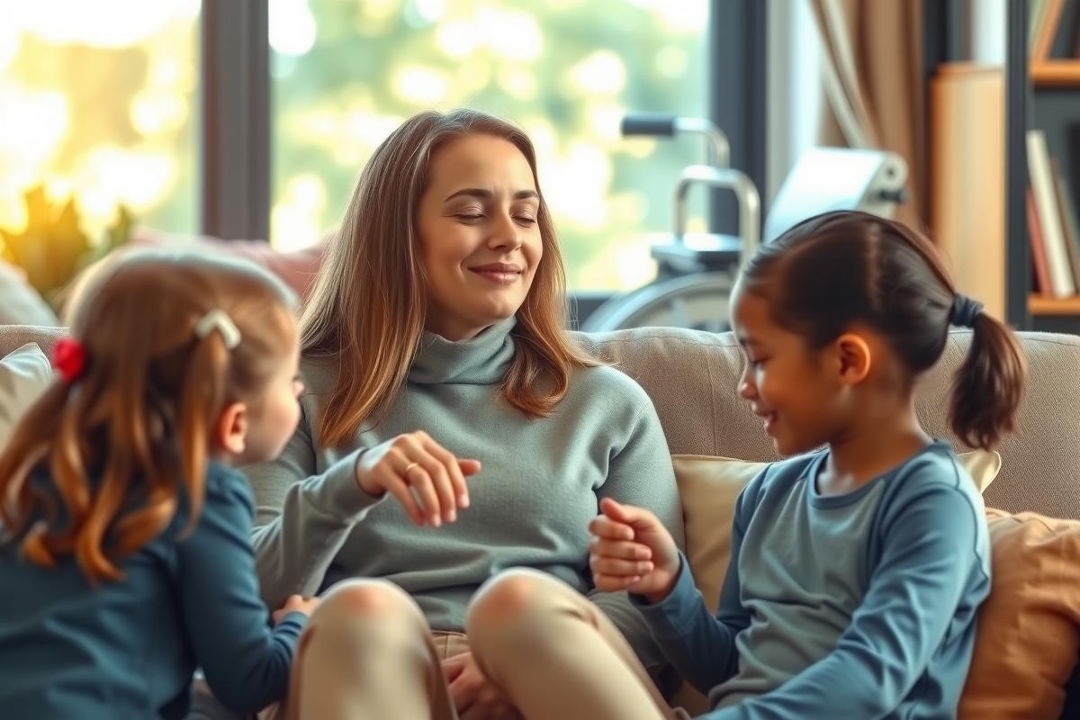 The image shows a woman sitting on a couch with two young daughters. The setting appears to be a living room or family room, and the atmosphere is warm and inviting.