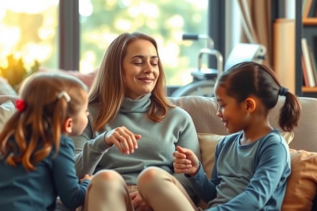 The image shows a woman sitting on a couch with two young daughters. The setting appears to be a living room or family room, and the atmosphere is warm and inviting.