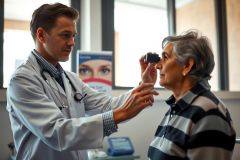 The image depicts a medical setting with a doctor examining an elderly patient's eyes. The doctor, who appears to be male, is wearing a stethoscope around his neck and a white lab coat over a plaid shirt.