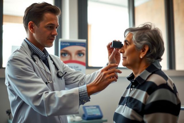 The image depicts a medical setting with a doctor examining an elderly patient's eyes. The doctor, who appears to be male, is wearing a stethoscope around his neck and a white lab coat over a plaid shirt.