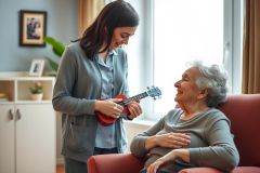 A young woman plays ukulele for an elderly woman in a cozy living room setting. Warm colors and a comforting atmosphere create a heartwarming scene of connection and music.