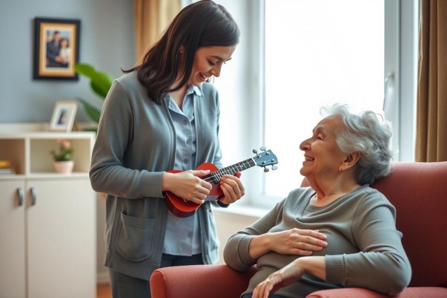 A young woman plays ukulele for an elderly woman in a cozy living room setting. Warm colors and a comforting atmosphere create a heartwarming scene of connection and music.