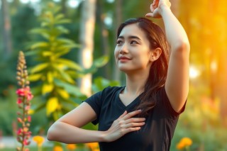 A young woman is standing outdoors with her one hand on her chest. She appears to be in a peaceful and serene environment, possibly in a garden or park setting, as there are blurred plants and flowers around her.