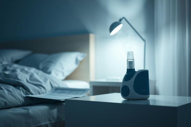 Blue-toned bedroom scene featuring a nebulizer machine on a nightstand illuminated by a lamp. The image depicts a restful atmosphere, possibly related to respiratory health, sleep, or medical devices. Soft lighting and a blurred bed create a calming mood.