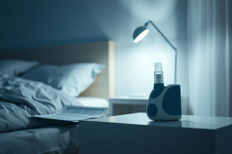 Blue-toned bedroom scene featuring a nebulizer machine on a nightstand illuminated by a lamp. The image depicts a restful atmosphere, possibly related to respiratory health, sleep, or medical devices. Soft lighting and a blurred bed create a calming mood.
