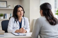 Doctor consulting with patient in a calm clinical office, focused on post-surgery nutritional follow-up.