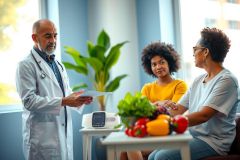 Doctor discusses patient's health report at home. A healthcare professional is giving details to a family. Medical consultation, wellness, and home healthcare are visible.