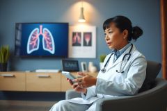 Doctor examining lung scans on a phone, seated in a modern living room. Healthcare professional, medical diagnosis, technology, home environment.