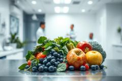 Healthy food arrangement featuring apples, blueberries, broccoli, and leafy greens on a counter in a modern, bright medical environment. Focus on nutrition and wellness, with blurred doctors in the background. Fresh produce, vibrant colors, healthcare theme.