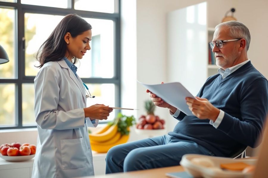 Doctor examines a patient during a consultation. The scene features a warm, brightly lit room with fruit and a friendly atmosphere. Focus on healthcare, medical check-up, and patient care.