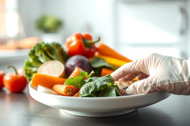 Fresh vegetables like carrots, lettuce, and bell peppers are arranged on a white plate, held by a hand in a white glove. A healthy food concept.