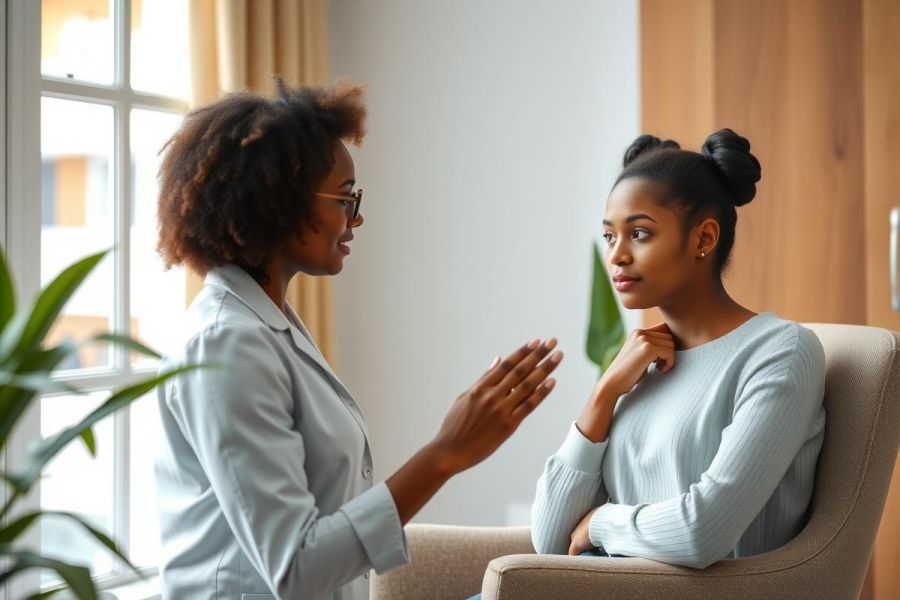 Two women engaged in conversation, one gesturing while the other listens attentively. The scene takes place in a bright, modern room with warm lighting and neutral tones, suggesting a therapy or counseling session.