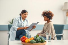 Doctor consults with a patient in a bright, modern office. Fresh vegetables on a wooden platter and a glass of water are visible. Focus on healthcare consultation and healthy eating.