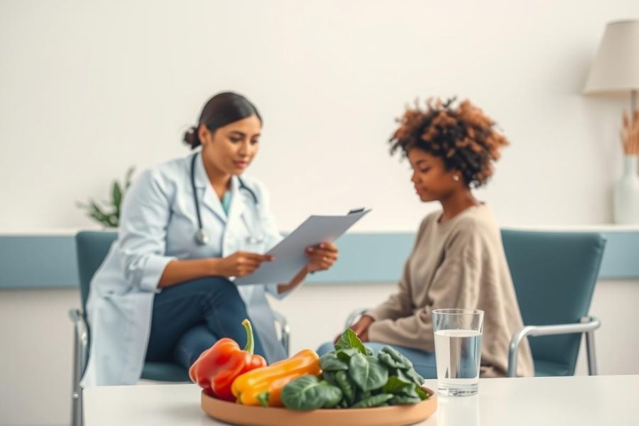 Doctor consults with a patient in a bright, modern office. Fresh vegetables on a wooden platter and a glass of water are visible. Focus on healthcare consultation and healthy eating.
