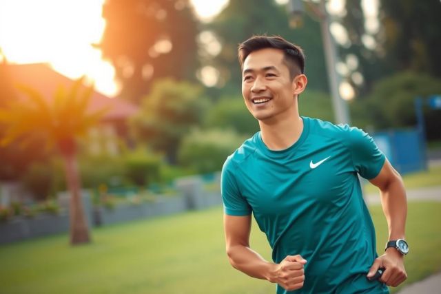 The image shows a man wearing a sports outfit, including a dark teal or aqua-colored shirt and shorts, running along an asphalt path. He is smiling and appears to be enjoying the activity.