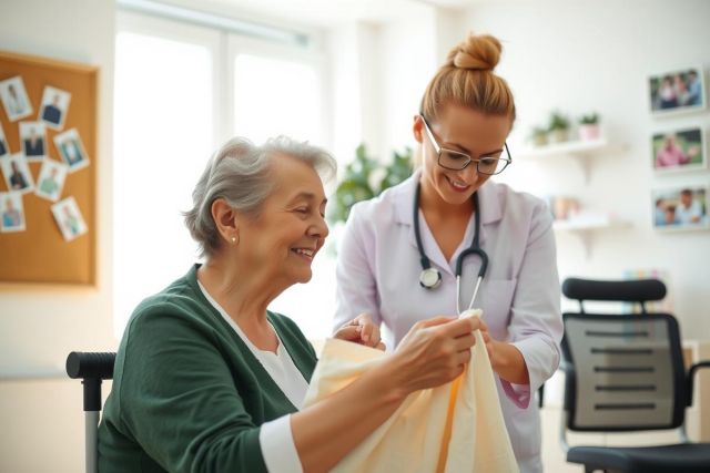 An elderly patient receives support from a doctor in a brightly lit office. Focus on healthcare, elder care, and doctor-patient interaction.