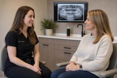 Dentist discussing dental X-ray with a patient in a modern consultation room.