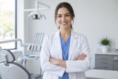 Smiling dental professional in clinic with chair and instruments, conveying trustworthy implant care guidance.