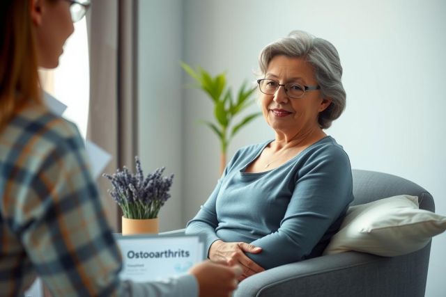 Senior woman consults with a doctor, likely discussing health concerns. The scene depicts a medical consultation in a bright, modern office setting. Focus on patient care and wellness.